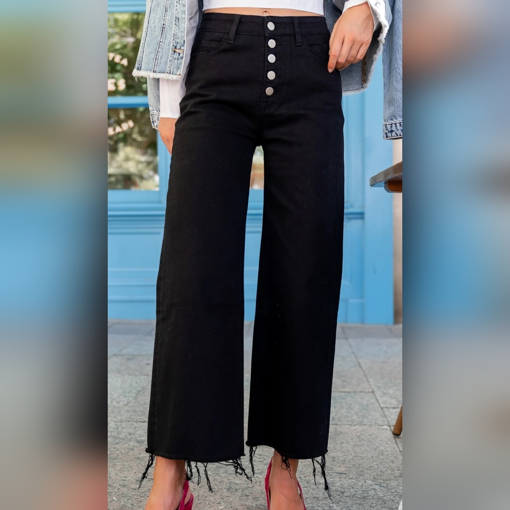 Baltic Born Women's Georgie High Rise Black Wide Leg Frayed Denim Jeans 12/32
